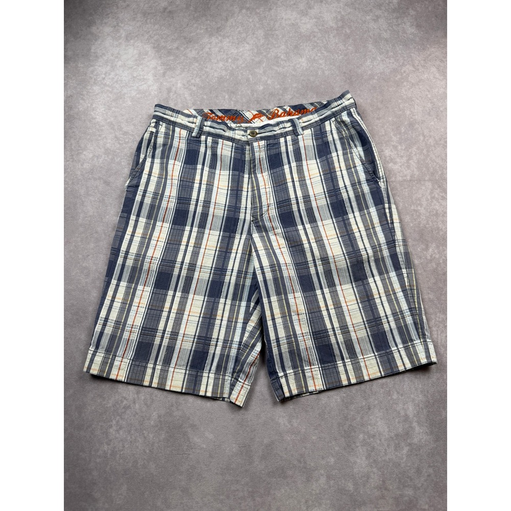 Tommy Bahama Men 33 Plaid Chino Shorts Blue Cream Cotton Silk Classic Spring‎